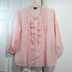 Talbots Cotton 3/4 Sleeve Pink Ruffled Button Down Top Blouse Size 12 Petite